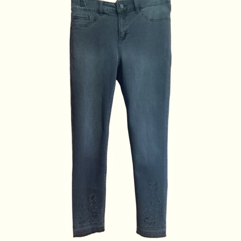Hannah Black Denim Stretchy Straight Leg Embellished Raw Hem Flat Front Jeans